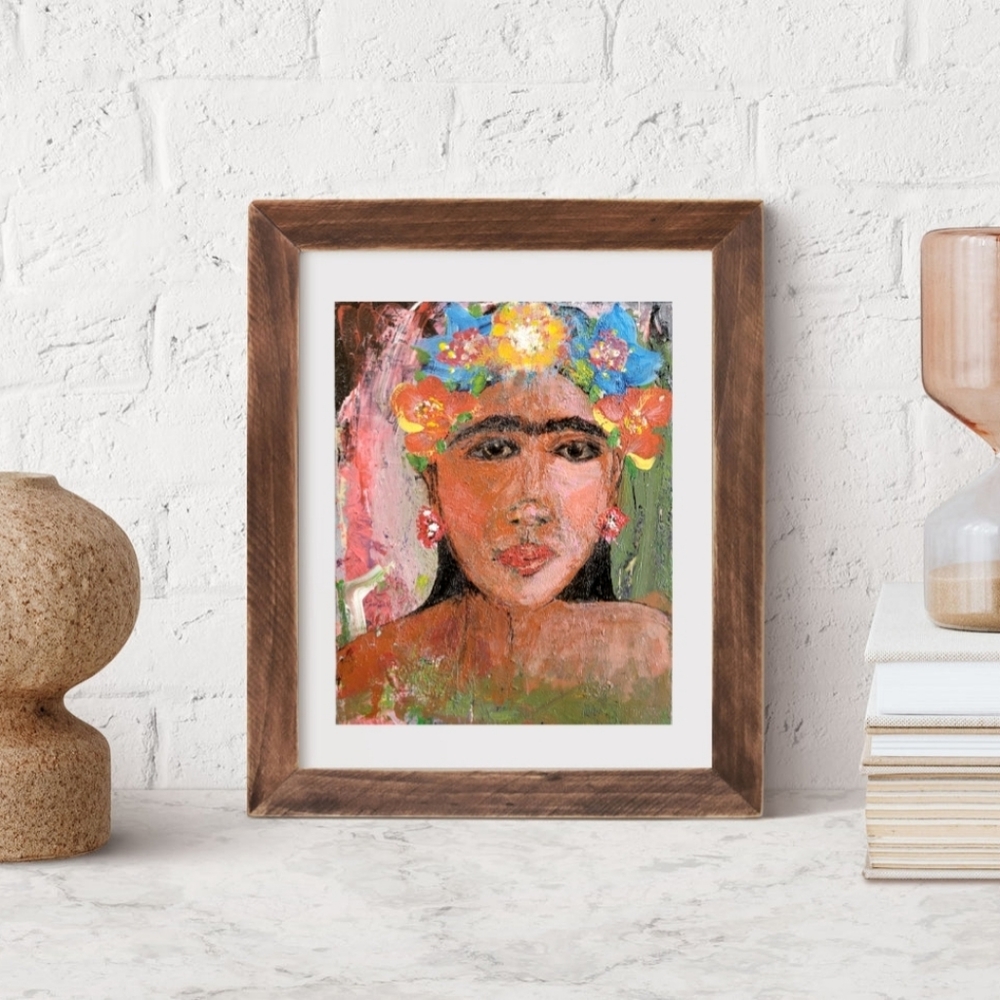 Original Frida Kahlo Inspired Acrylic Painting on Upcycled Wood Board, 8x10"